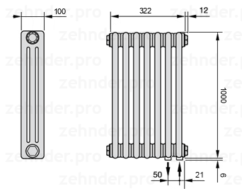 Схема (чертеж) Радиатор Zehnder Charleston 3100/7 №5510 Белый глянцевый RAL 9016